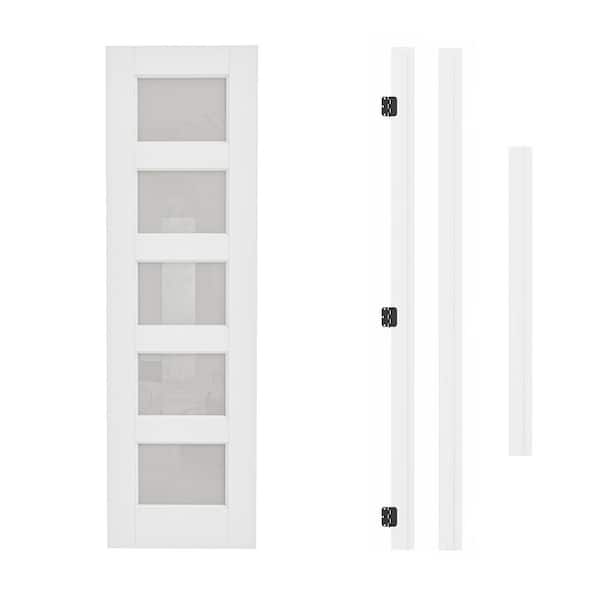 24 in. x 80 in. 5-Lite Frosted Glass Left Hand White Solid Core Glass Single Prehung Interior Door+ Quick Assemble Jamb