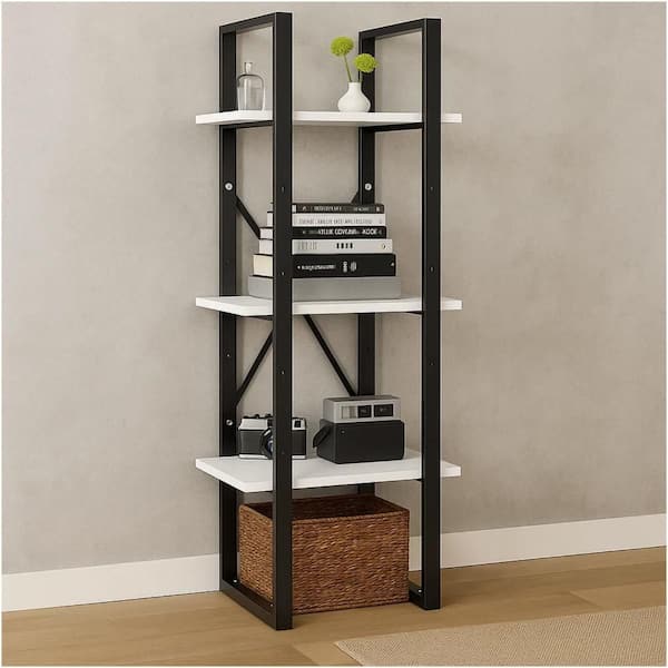 Zoe 41.3 in. Tall Black and White Wood and Metal 3-Shelf Standard Bookcase with Standing Bookshelf