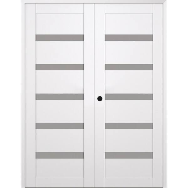 Leora 60 in. x 84 in. Right Active 5-Lite Frosted Glass Snow White Wood Composite Double Prehung Interior Door