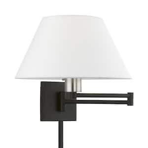 Atwood 1-Light Black Plug-In/Hardwired Swing Arm Wall Lamp with Off-White Fabrick Shade