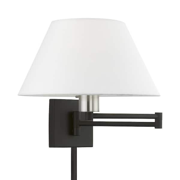 AVIANCE LIGHTING Atwood 1-Light Black Plug-In/Hardwired Swing Arm Wall Lamp with Off-White Fabrick Shade