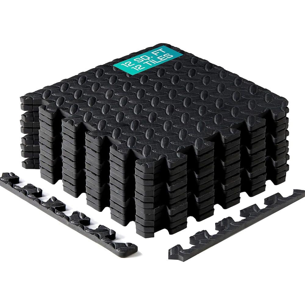 Black 12 in. W x 12 in. L x 0.44 in. T Interlocking Foam Gym Flooring ...