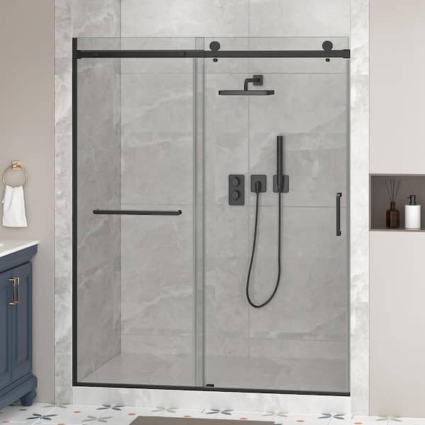 WOODSAM 60 in. W x 75 in. H Sliding Framed Shower Door in Matte Black With 5/16 in. (8 mm) Clear Glass
