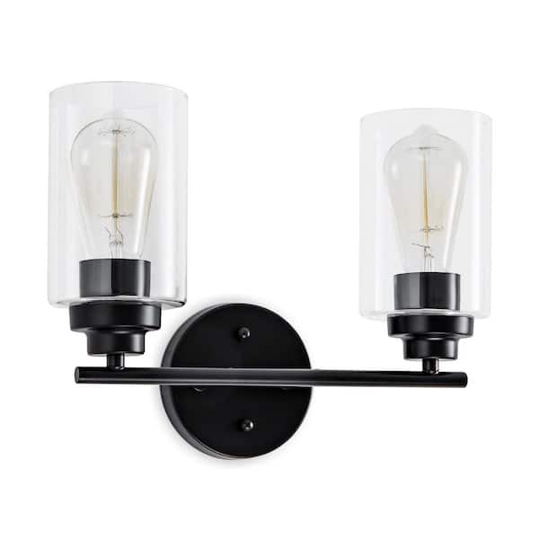 JAZAVA 14 in. 2-Light Black Vanity Light with Clear Glass Shade Cylinder Bathroom Wall Light Fixtures