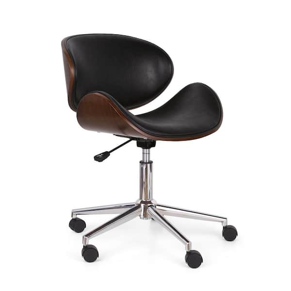 Noble House Trion Midnight Black and Walnut Faux Leather Swivel Task Chairs