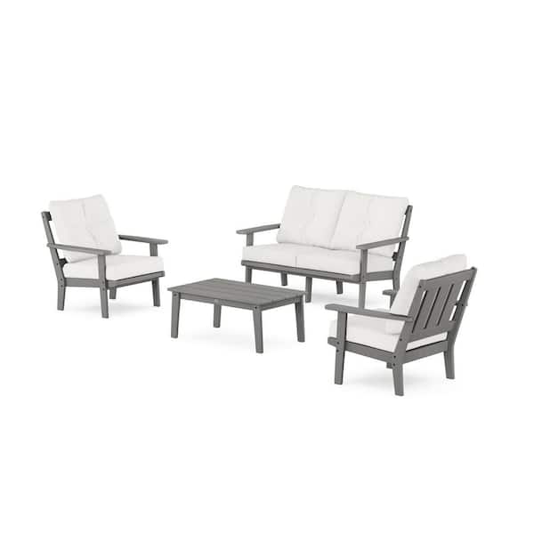 POLYWOOD Oxford 4-Pcs Plastic Patio Conversation Set with Loveseat in Slate Grey/Natural Linen Cushions