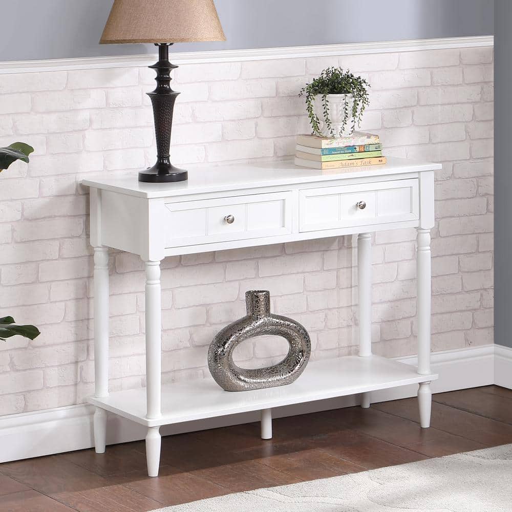 White Wood and Metal 2-Drawer Hall Table with Shelf