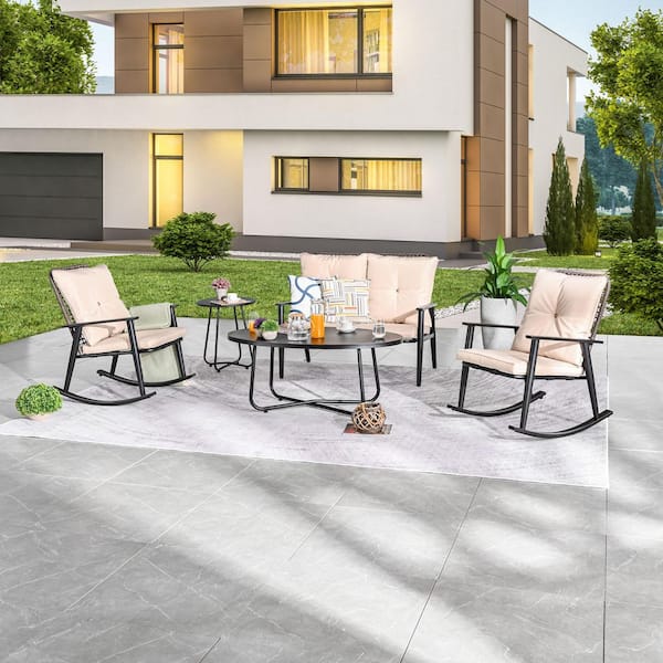 5-Piece Metal Patio Conversation Set with Khaki Cushions