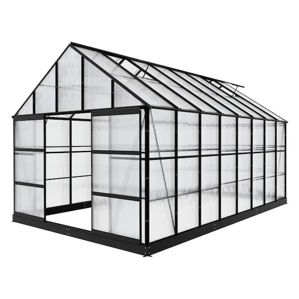 10 ft. W x 16 ft. D Polycarbonate Greenhouse For Outdoors, Green House Kit with Adjustable Roof Vent, Black