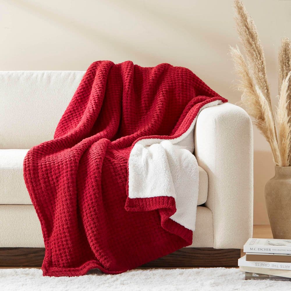 Madison Park Eden Red Polyester Waffle Knit Chenille Throw Blanket