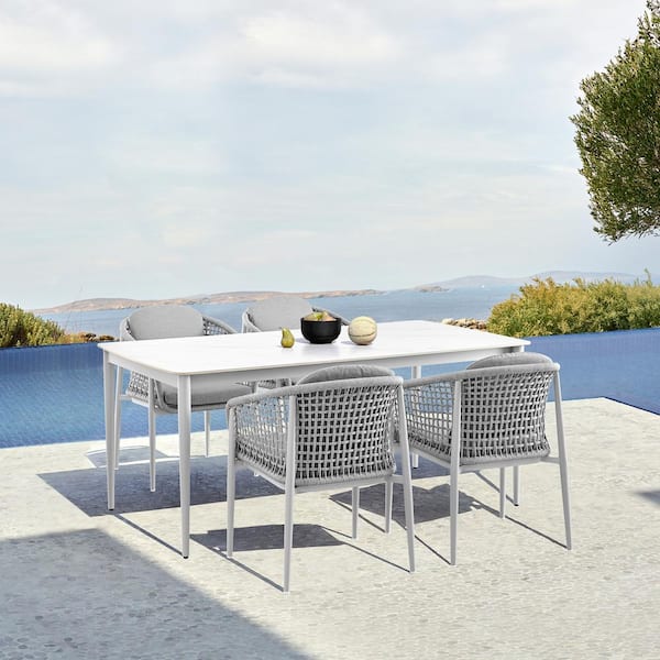 Armen Living Rhodes Light Gray 5-Piece Aluminum Rectangle Outdoor Dining Set with Light Gray Cushions