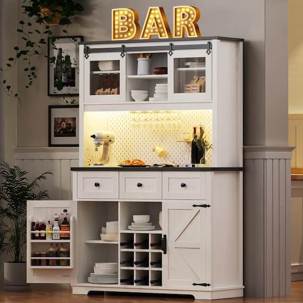 Runesay White Oak MDF Wood 47.25 in. W Kitchen Island Rustic Coffee Bar with with Internal Storage Rack and Wine Glasses Rack