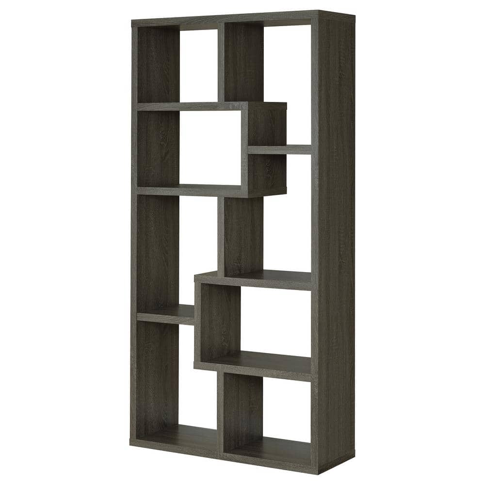 Transitional Geometric 10-Shelf Bookcase in Weathered Gray