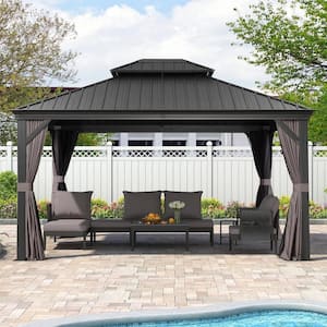 12 ft. x 14 ft. Gray Aluminum Hardtop Gazebo Canopy for Patio Deck Backyard Heavy-Duty with Netting and Curtains