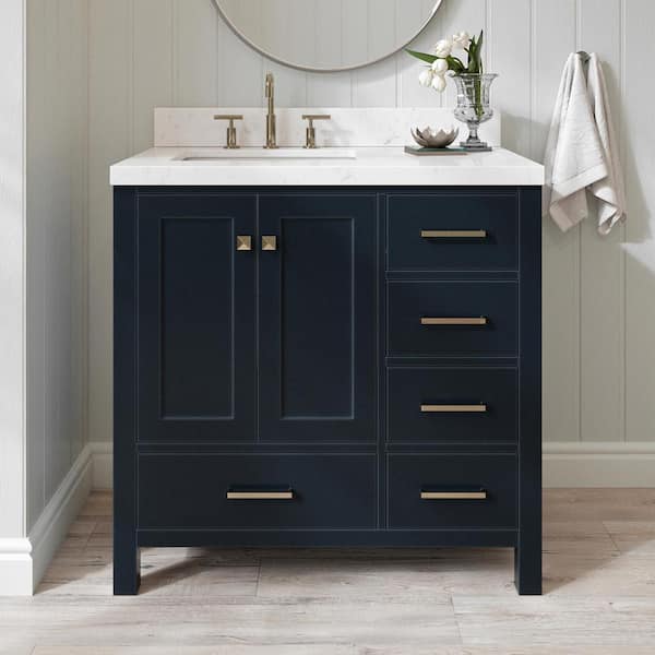 ARIEL Cambridge 36 in.W x 22 in.D x 36 in.H Single Rectangle Sink Bath Vanity in Midnight Blue with Carrara White Quartz Top