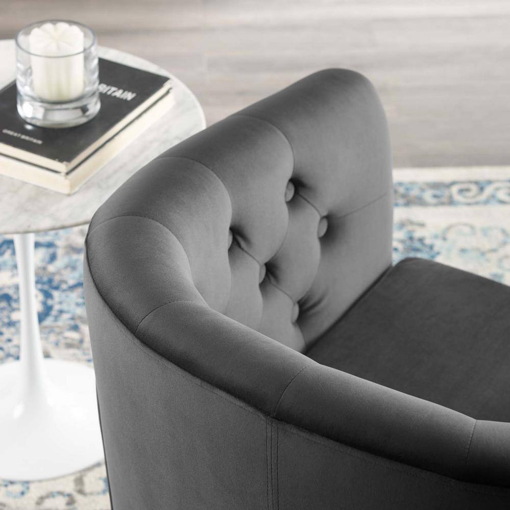 Charcoal Velvet Barrel Swivel Accent Chair with Tufted Accents