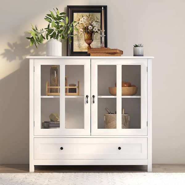 GODEER White Buffet Storage Cabinet with Double Glass Doors and Unique Bell  Handle W28227723LXL - The Home Depot