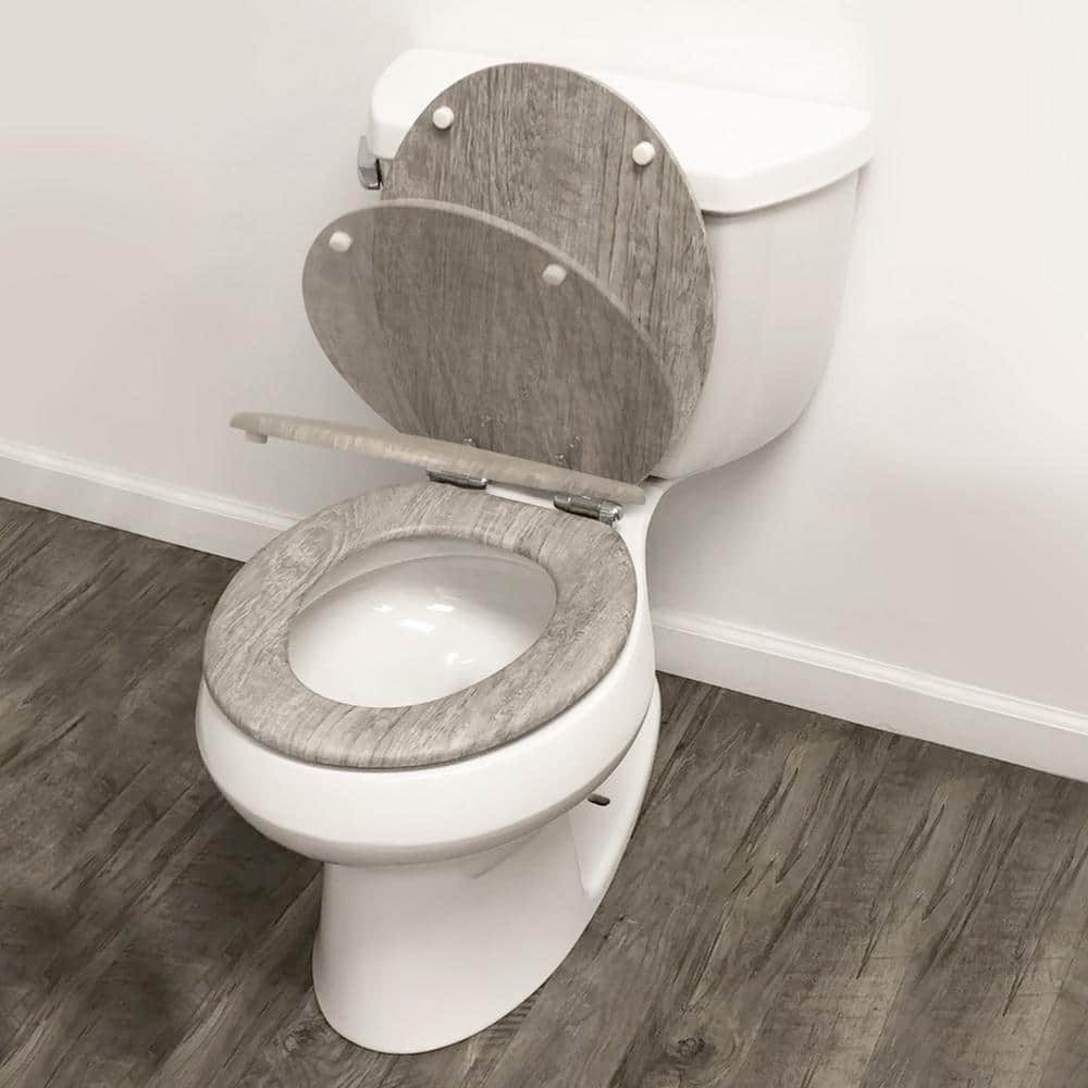 Round Distressed Gray Molded Wood Toilet Seat with Chrome Hinges
