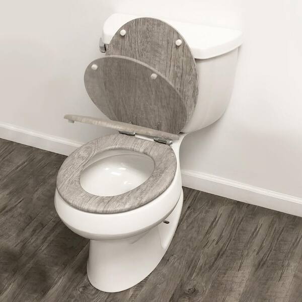 Gray Round Toilet Seat Closed Front Grey Lift-Off Lid Cover Universal Hinge Wood 