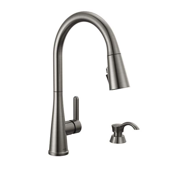 Greydon Single Handle Pull Down Sprayer Kitchen Faucet with ShieldSpray and Soap Dispenser in Black Stainless