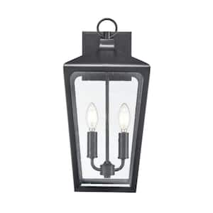 Brooks 2-Light 8.98 in. Wide Powder Coated Black Outdoor Wall Lantern with Clear Seeded Glass