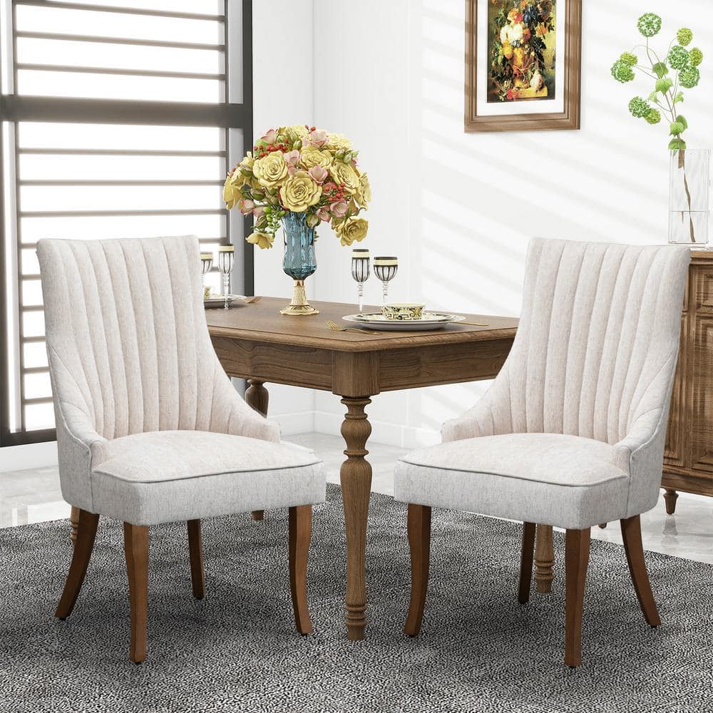 Beige High Back Linen Upholstered Side Chair with Wood Legs