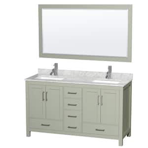 60 in. W x 22 in. D x 35 in. H Double Bath Vanity in Light Green with White Carrara Marble Top and 58 in. Mirror