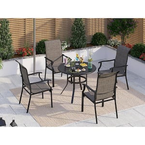 Black 5-Piece Metal Slat Round Table Patio Outdoor Dining Set with Padded Textilene Chairs