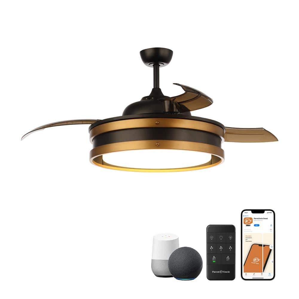 52 in. Indoor LED Black Smart Retractable Caged Ceiling Fan with Light and Remote, Works with Google Home/Alexa/Tuya -  Parrot Uncle, F4612-SMART