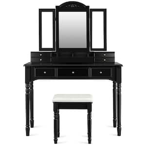 7-Drawer Black Makeup Dressing Table with Tri-Folding Mirror and Cushioned Stool