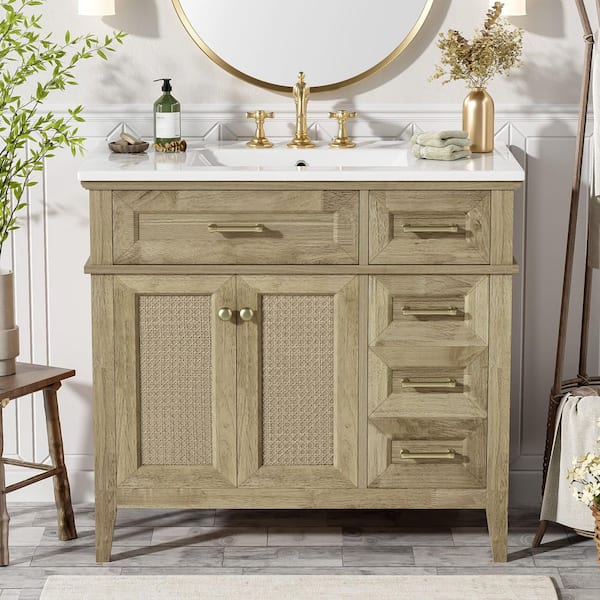 36 in. W Single Sink Freestanding Solid Rubberwood Frame Bath Vanity in Light Oak with White Ceramic Top