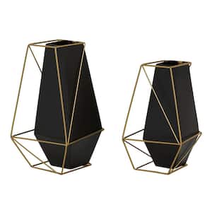 11 in., 9 in. Black Metal Decorative Vase with Gold Wire Accents (Set of 2)