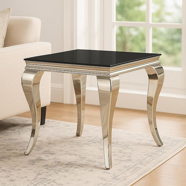HOME IMPORTS EMPORIUM 24 in. Silver and Black Square Glass End Table, Sturdy Build End Side Table for Living Rooms