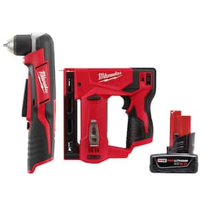 M12 12-Volt Lithium-Ion Cordless 3/8 in. Right Angle Drill with M12 3/8 in. Crown Stapler and 6.0 Ah XC Battery Pack