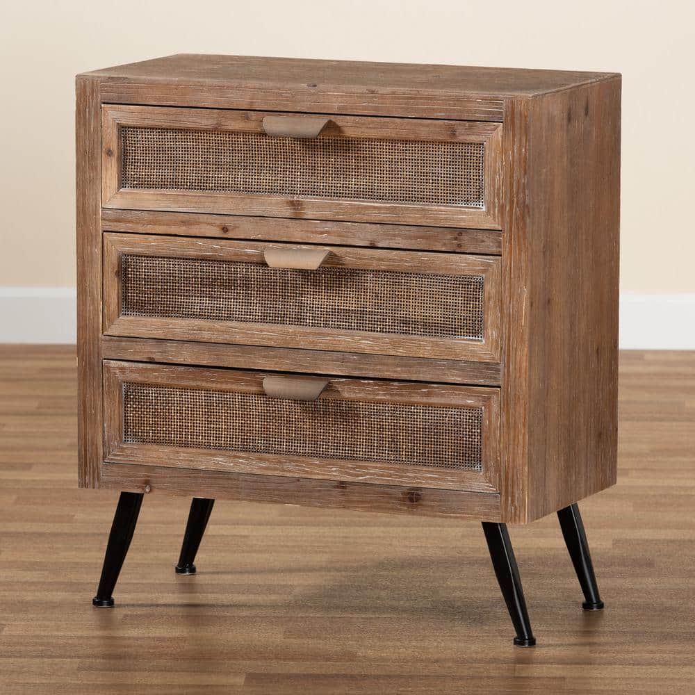 Mid-Century Natural Brown Wood and Rattan 3-Drawer Cabinet