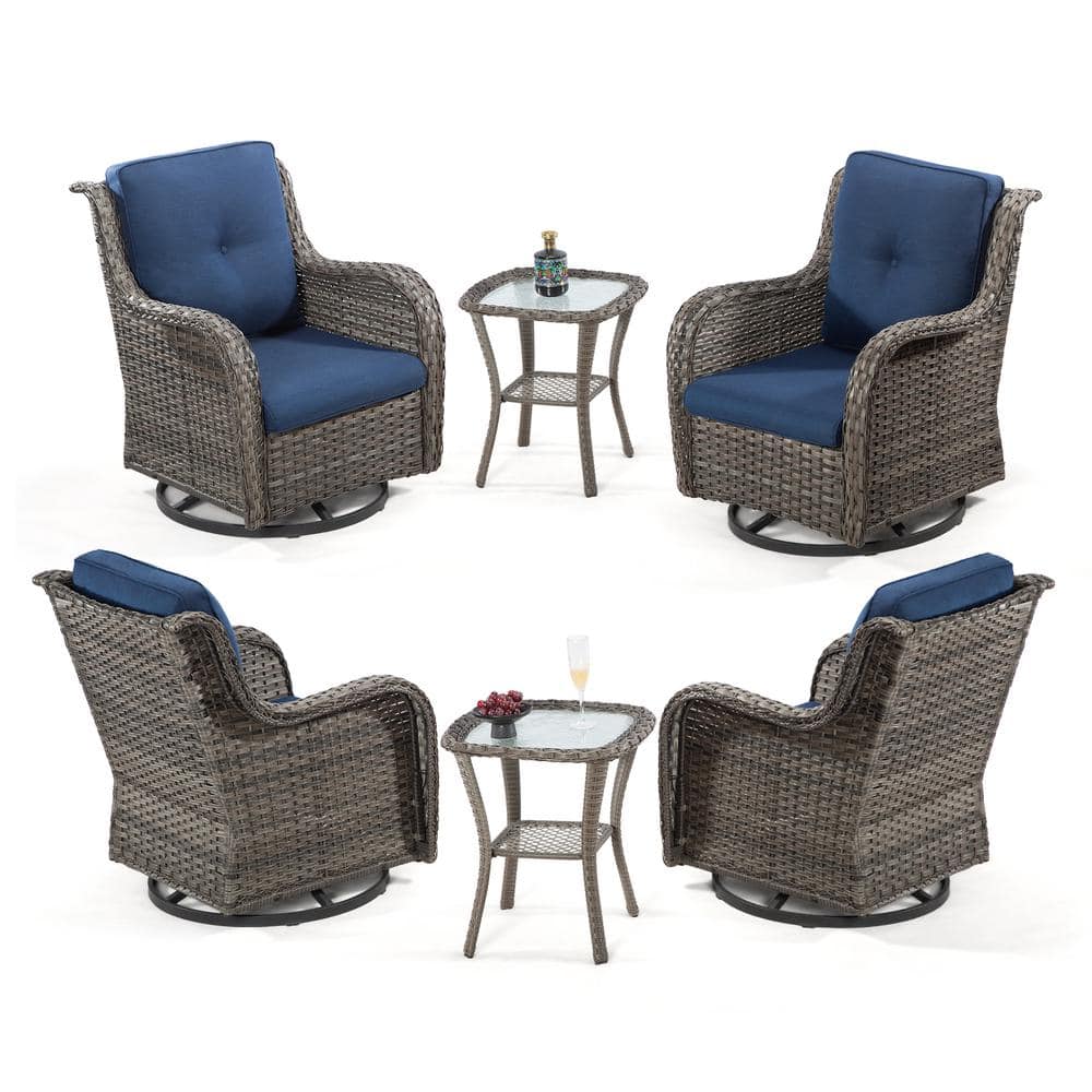 Blue Cushioned 4-Person Steel Wicker Patio Set with Swivel Rocking Chairs