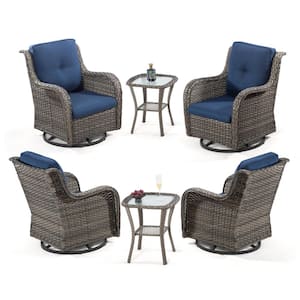 6-Piece Wicker Patio Conversation Set with All-Weather Swivel Rocking Chairs Blue Cushions