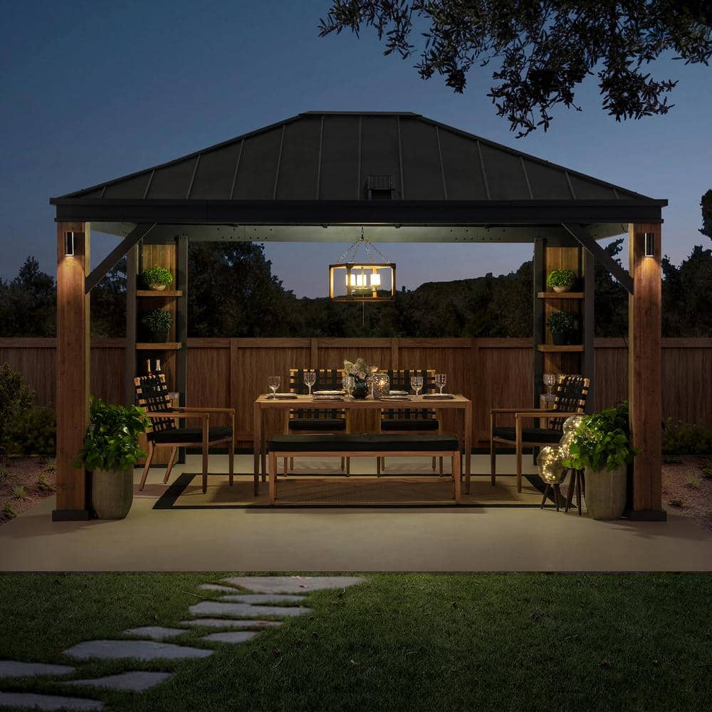 Sunjoy 12 x 14 ft Cedar Wood and Steel Hardtop Gazebo with LED Lighting and Bluetooth Sound