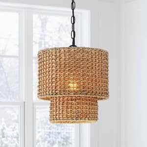 Brady 12 in. 1-Light Traditional Pendant with Natural Rattan Wicker Shade and Black Hardware