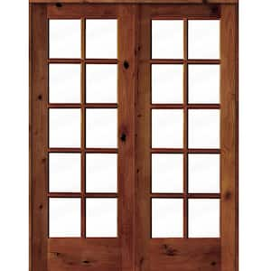 60 in. x 80 in. Knotty Alder Universal/Reversible 10-Lite Clear Glass Red Chestnut Stain Wood Double Prehung French Door