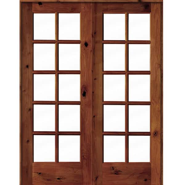 Krosswood Doors 60 in. x 80 in. Knotty Alder Universal/Reversible 10-Lite Clear Glass Red Chestnut Stain Wood Double Prehung French Door
