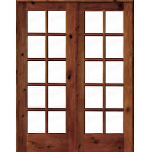 64 in. x 80 in. Knotty Alder Universal/Reversible 10-Lite Clear Glass Red Chestnut Stain Wood Double Prehung French Door