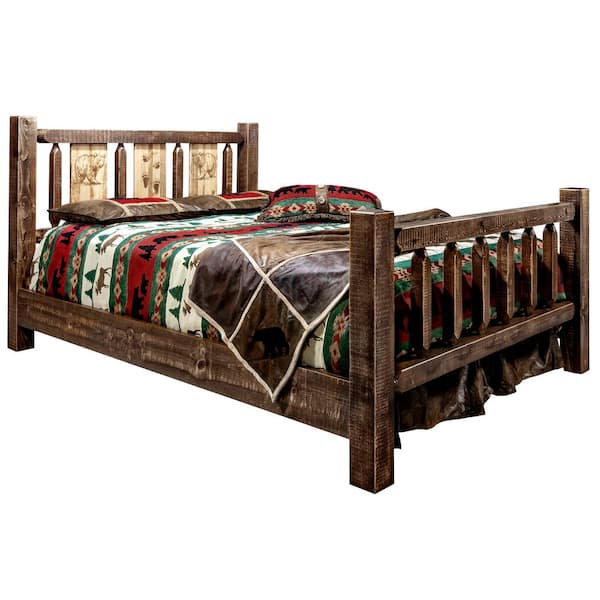 MONTANA WOODWORKS Homestead Collection Medium Brown Full Laser Engraved Bear Motif Spindle Style Bed