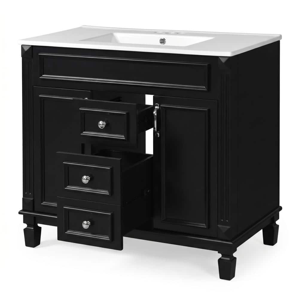 36 in. Freestanding Solid Wood Bathroom Vanity in Black with Glossy White Ceramic Top price history on PriceWatchPro