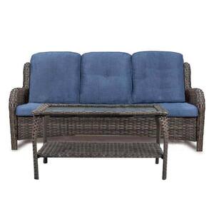 2-Pieces Brown Frame Rattan Wicker Outdoor Patio Conversation Sectional Sofa Set, with Blue Cushion and Coffee Table