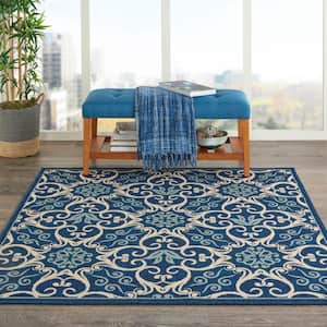 Caribbean Navy 5 ft. x 5 ft. Square Botanical Transitional Indoor/Outdoor Patio Area Rug