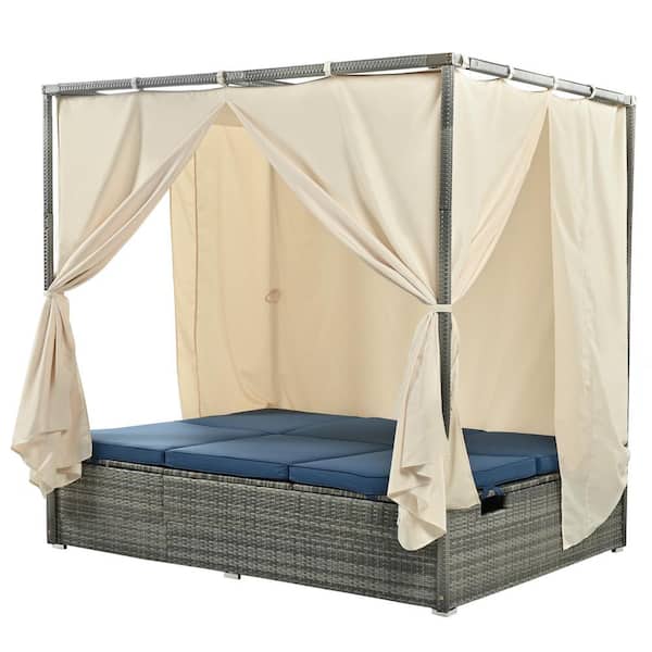 Clihome 6-Seat Adjustable Back Wicker Outdoor Day Bed with Curtain and Blue Cushions