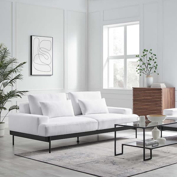 MODWAY Proximity 85.5 in. Straight Arm Polyester Rectangle Upholstered Fabric Loose Pillow Sofa in White White