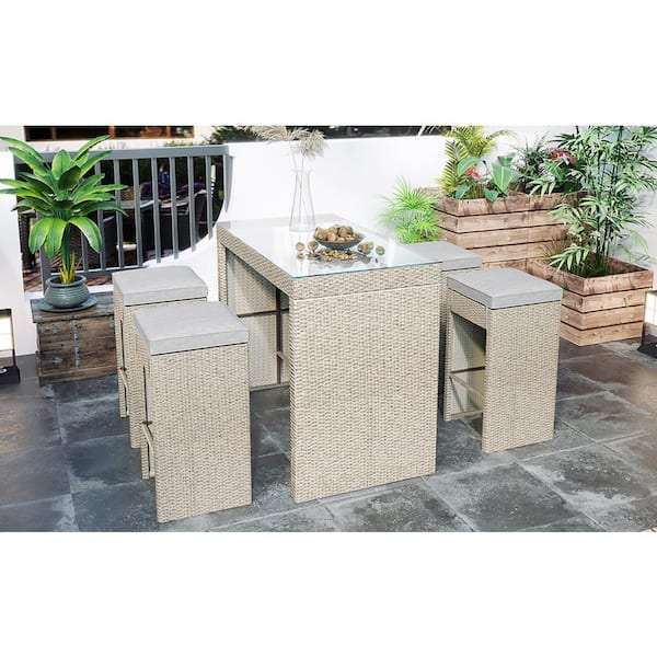 Cesicia Rattan Brown 5-Piece Wicker Outdoor Dining Patio Furniture Set Bar Table Set with 4-Stools, Brown Cushion in Black