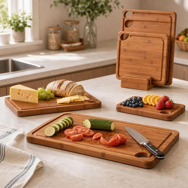Numhew 3-Piece Bamboo Cutting Boards with Wood Storage Stand